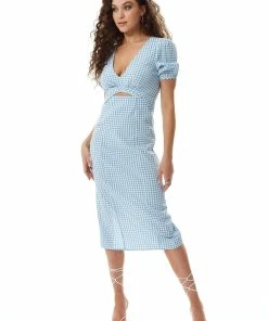 Liquorish Gingham Cut out front Midi Dress in Blue and White