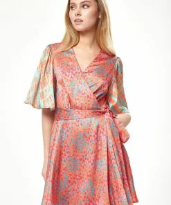 Liquorish Orange Printed Mini Wrap Dress with Kimono Sleeves