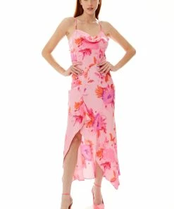 Liquorish Cowl Neck Maxi Floral Print Dress in Pink