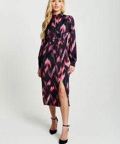 Liquorish Abstract Ikat Print Midi Lace up dress in Black and Pink