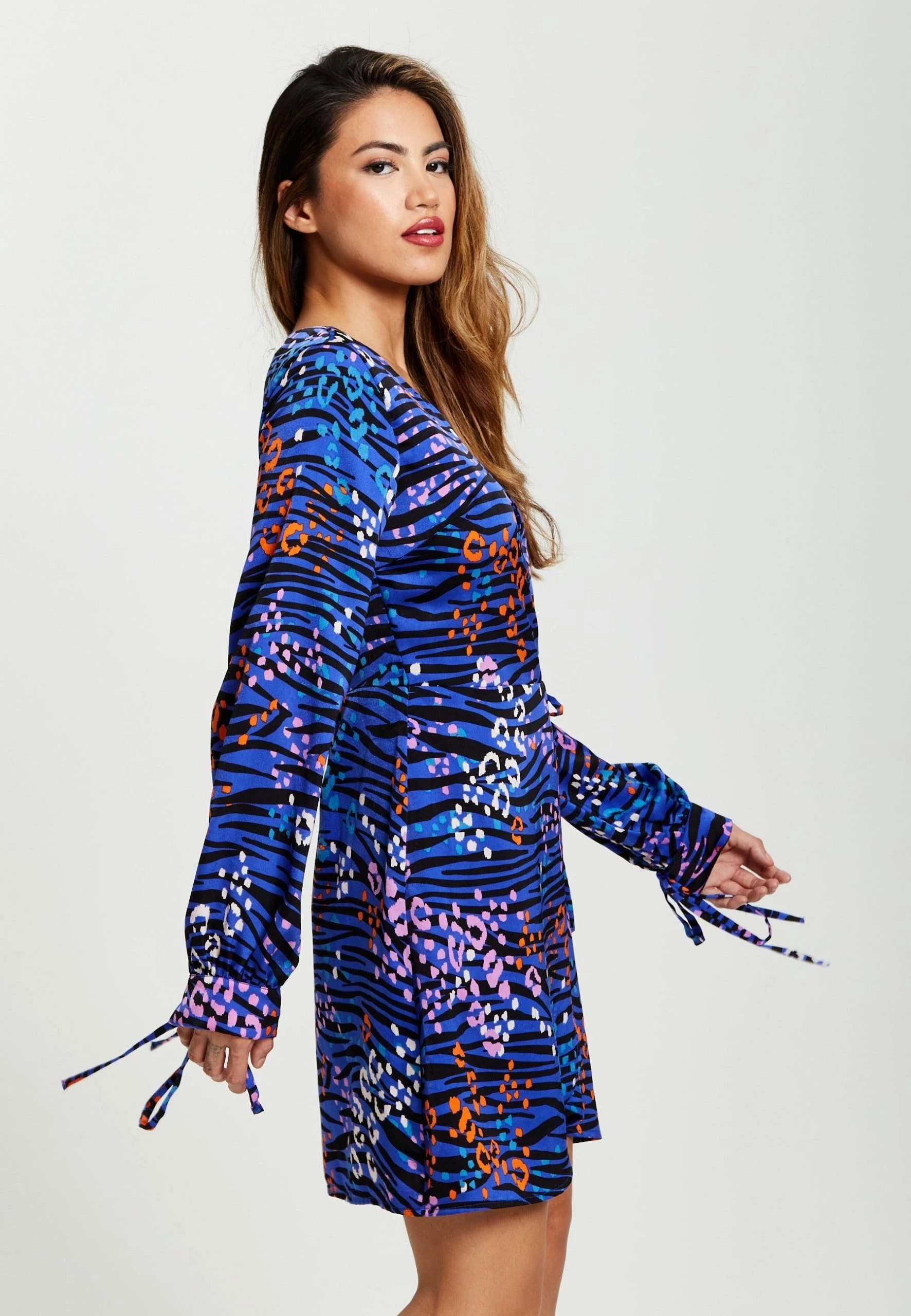 Liquorish Vivid Zebra Print Mini Wrap Dress in Blue - Multicolour 6 Liquorish Vivid Zebra Print Mini Wrap Dress in Blue - Multicolour - Image 4