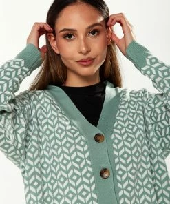 Liquorish Geometric Pattern Cardigan in Green & Off White -Liquorish Sales Store 62170cb468e043c6af6408e3dda584bf