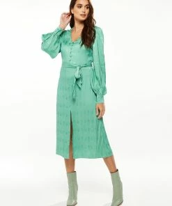 Liquorish 70s Style Jacquard Dress in Mint with Slit