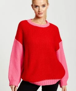 Liquorish Contrast Sleeve Jumper in Pink and Red