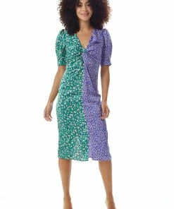 Liquorish Green and Purple Abstract Print Knot Front Midi Dress - Lilac
