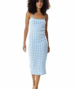 Liquorish Knitted Dress in Blue and White Check