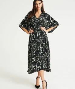 Liquorish Scribble Print Maxi Wrap Dress with Kimono Sleeves in Black
