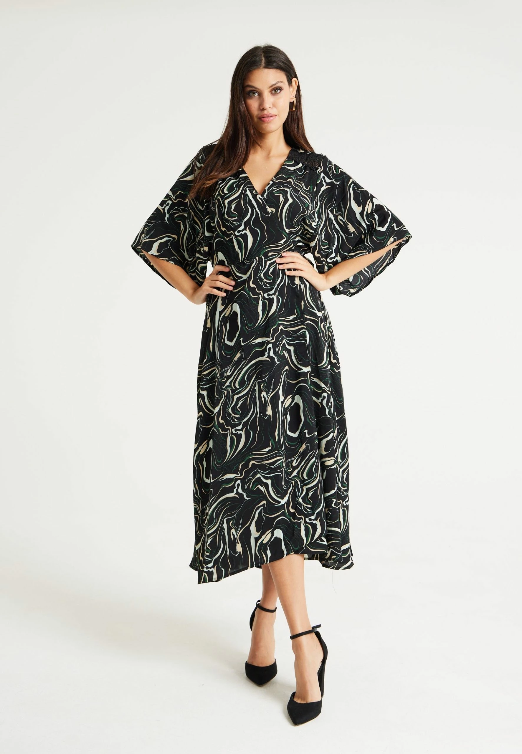 Liquorish Scribble Print Maxi Wrap Dress with Kimono Sleeves in Black 3 Liquorish Scribble Print Maxi Wrap Dress with Kimono Sleeves in Black
