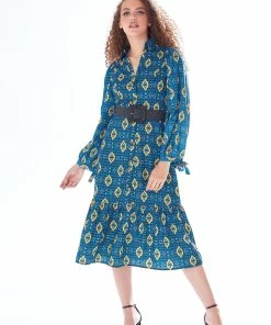 Liquorish African print midi dress with tiered skirt detail in blue, yellow & navy - Multicolour