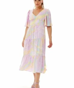 Liquorish Abstract Zebra Print Midi Dress in Lilac with Kimono Sleeves