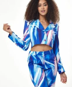 Liquorish graphic print cropped suit blazer with large lapel & in blue, white & pink
