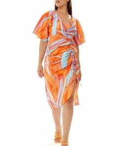 Liquorish Rouching Detail, Abstract Brush Stroke Print Midi Dress in Orange