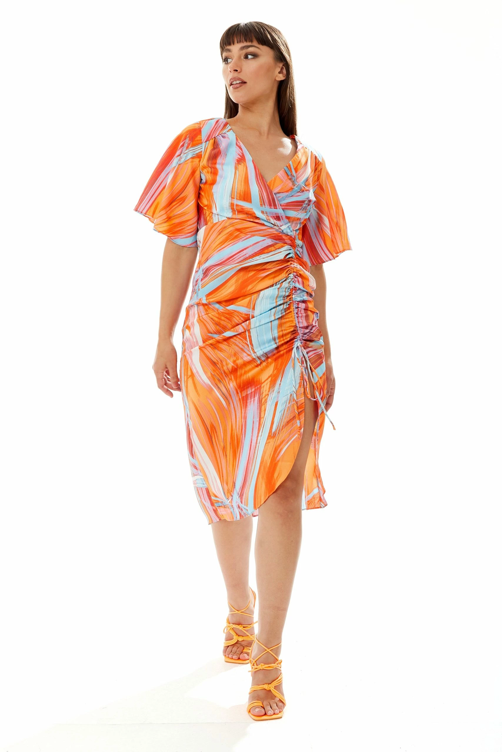 Liquorish Rouching Detail, Abstract Brush Stroke Print Midi Dress in Orange 3 Liquorish Rouching Detail, Abstract Brush Stroke Print Midi Dress in Orange