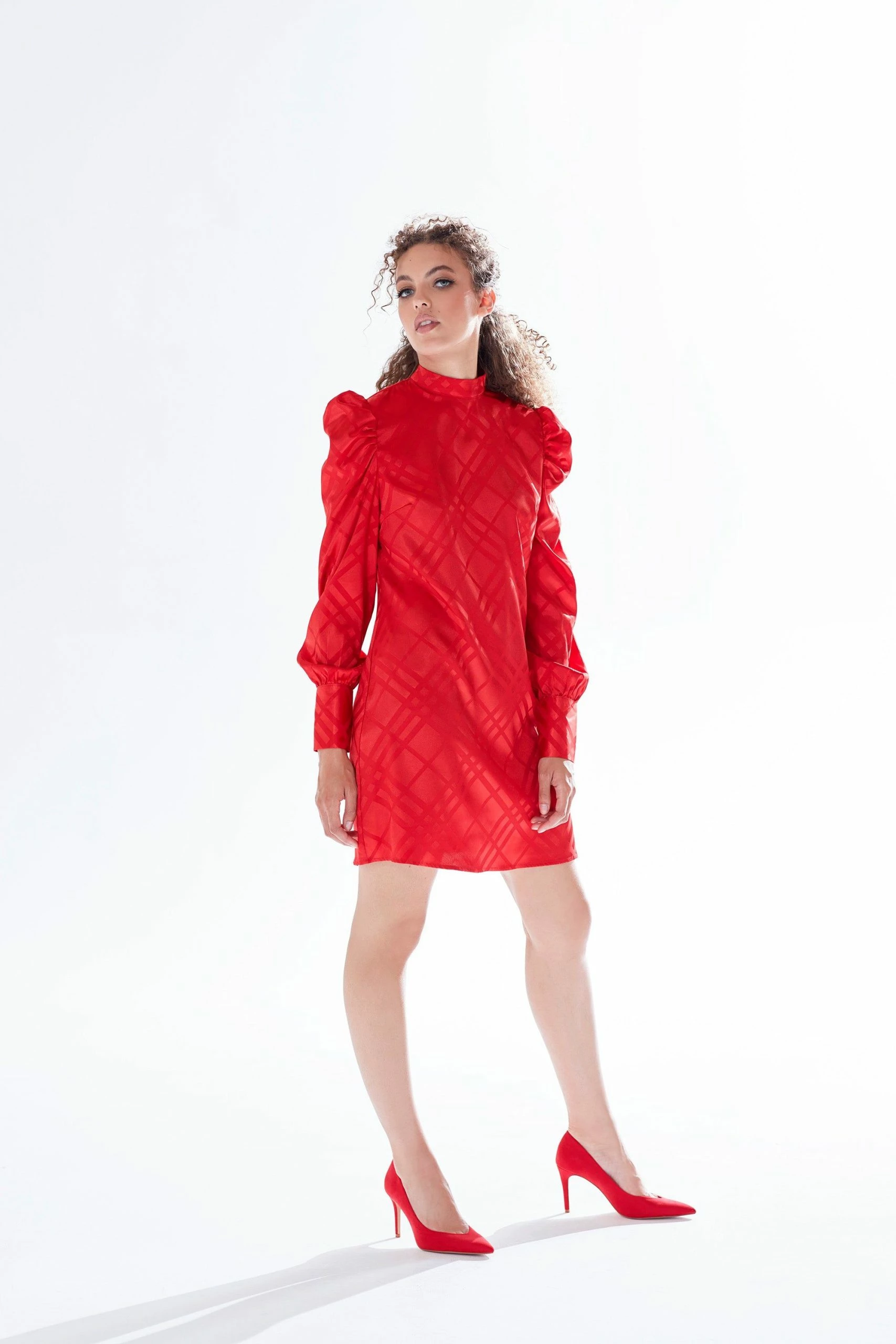 Liquorish check jacquard mini dress with high neck & puff sleeve detail in red 6 Liquorish check jacquard mini dress with high neck & puff sleeve detail in red - Image 4