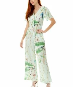 Liquorish Bird Print Jumpsuit in Mint Green