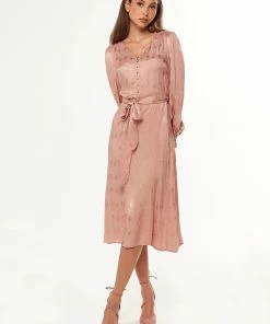 Liquorish 70s Style Jacquard Dress in Nude with Slit