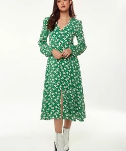 Liquorish Floral & Heart Print Midi Dress in Green
