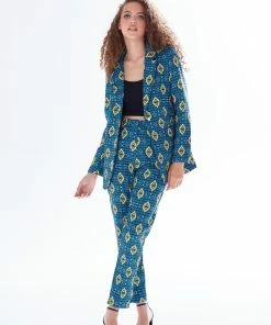 Liquorish African print suit blazer in blue, yellow & navy - Multicolour