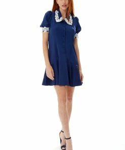 Liquorish Fitted Mini Dress in Navy with Lace Details on Collar and Sleeves