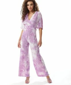 Liquorish Jumpsuit with Short Sleeves in White and Pink Tie Dye - Multicolour