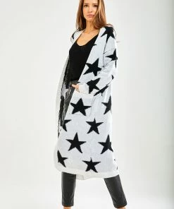 Liquorish Star Pattern Long Cardigan in White - Black/White