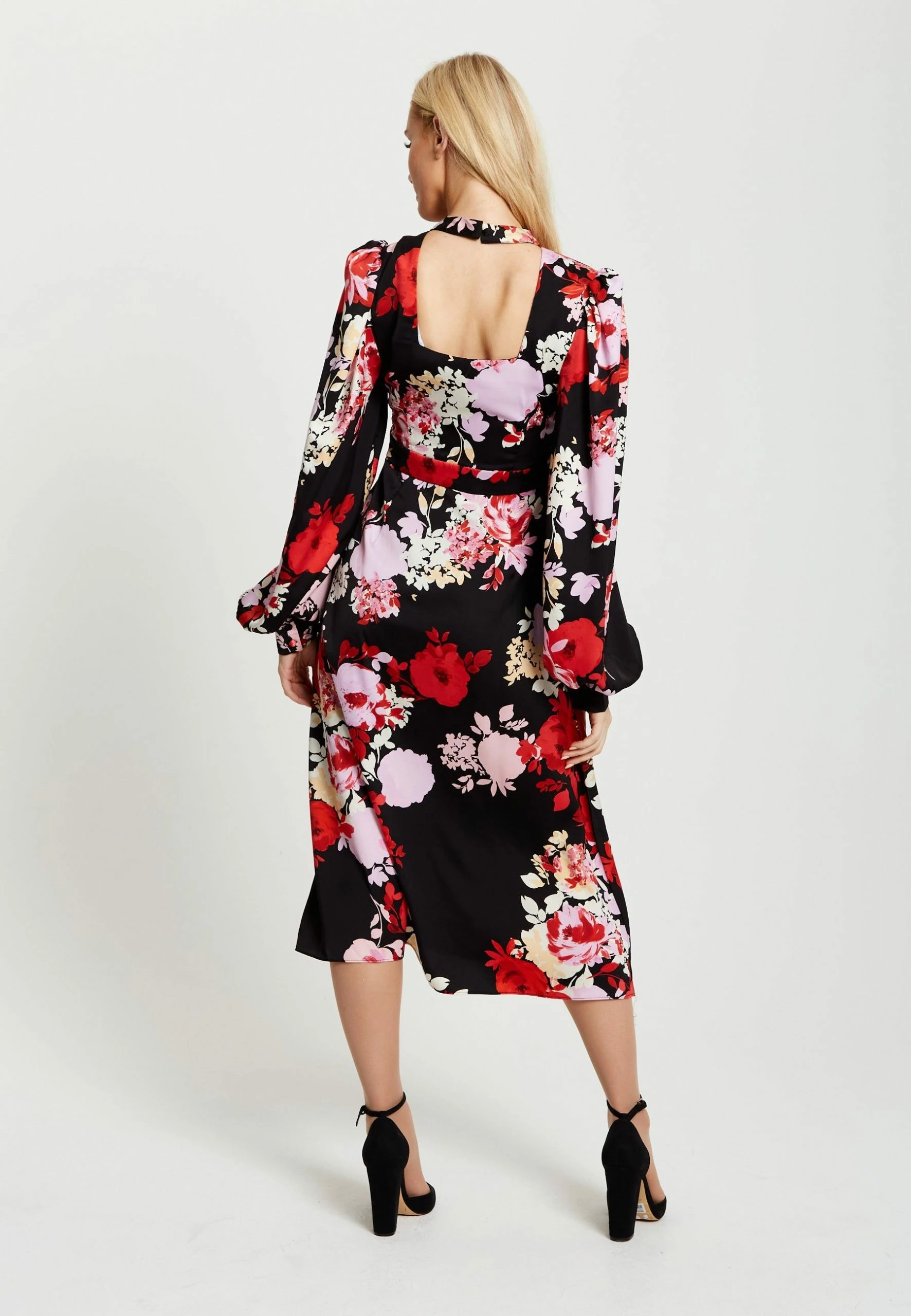 Liquorish Rose Print Midi Wrap Dress with Open Back Detail - Black 7 Liquorish Rose Print Midi Wrap Dress with Open Back Detail - Black - Image 5