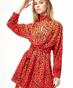 Liquorish leopard print ombre dress with open neck detail in orange