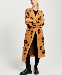 Liquorish Animal Pattern Longline Cardigan in Brown