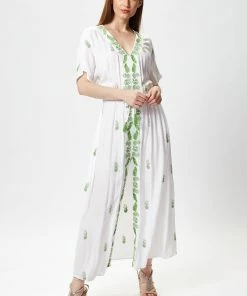 Liquorish White Maxi Beach Dress with Green Pineapple Embroidery