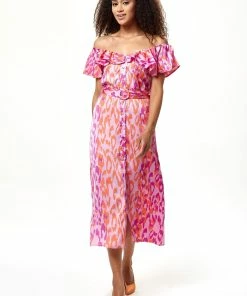 Liquorish Belted Midi Dress with Off Shoulder Sleeves in Pink Animal Print