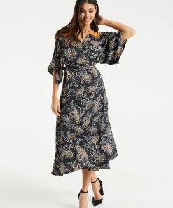Liquorish Black Based Floral Print Maxi Wrap Dress with Orange Lace Details