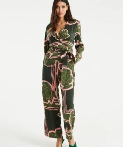 Liquorish Geometric Floral Print Jumpsuit in Dark Green