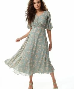 Liquorish Floral Midi Dress with Tie Waist in Mint Green
