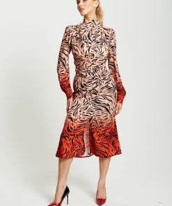 Liquorish Zebra Print Midi Dress with High neck and Draped Waist Detail in Orange and Nude