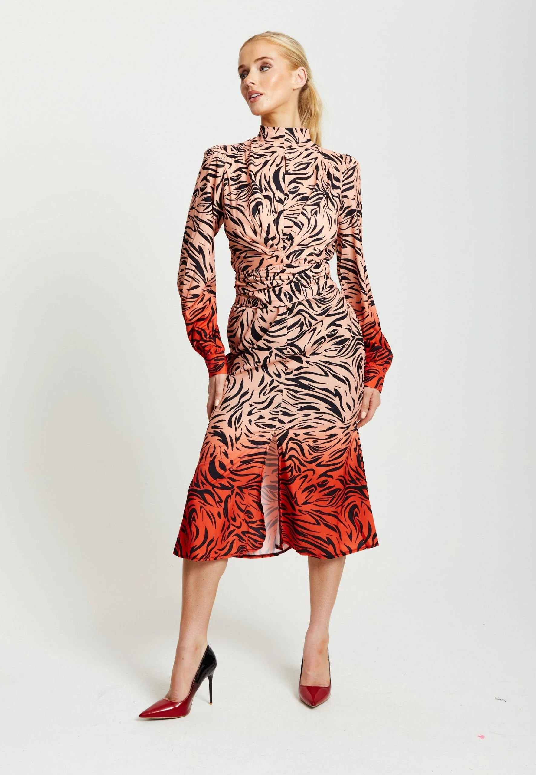 Liquorish Zebra Print Midi Dress with High neck and Draped Waist Detail in Orange and Nude 3 Liquorish Zebra Print Midi Dress with High neck and Draped Waist Detail in Orange and Nude