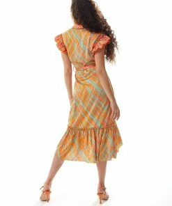Liquorish Midi Wrap Dress in Orange Scribble Print with Frill Details -Liquorish Sales Store 787dcddb5d3b4c9898326c1bc843d709