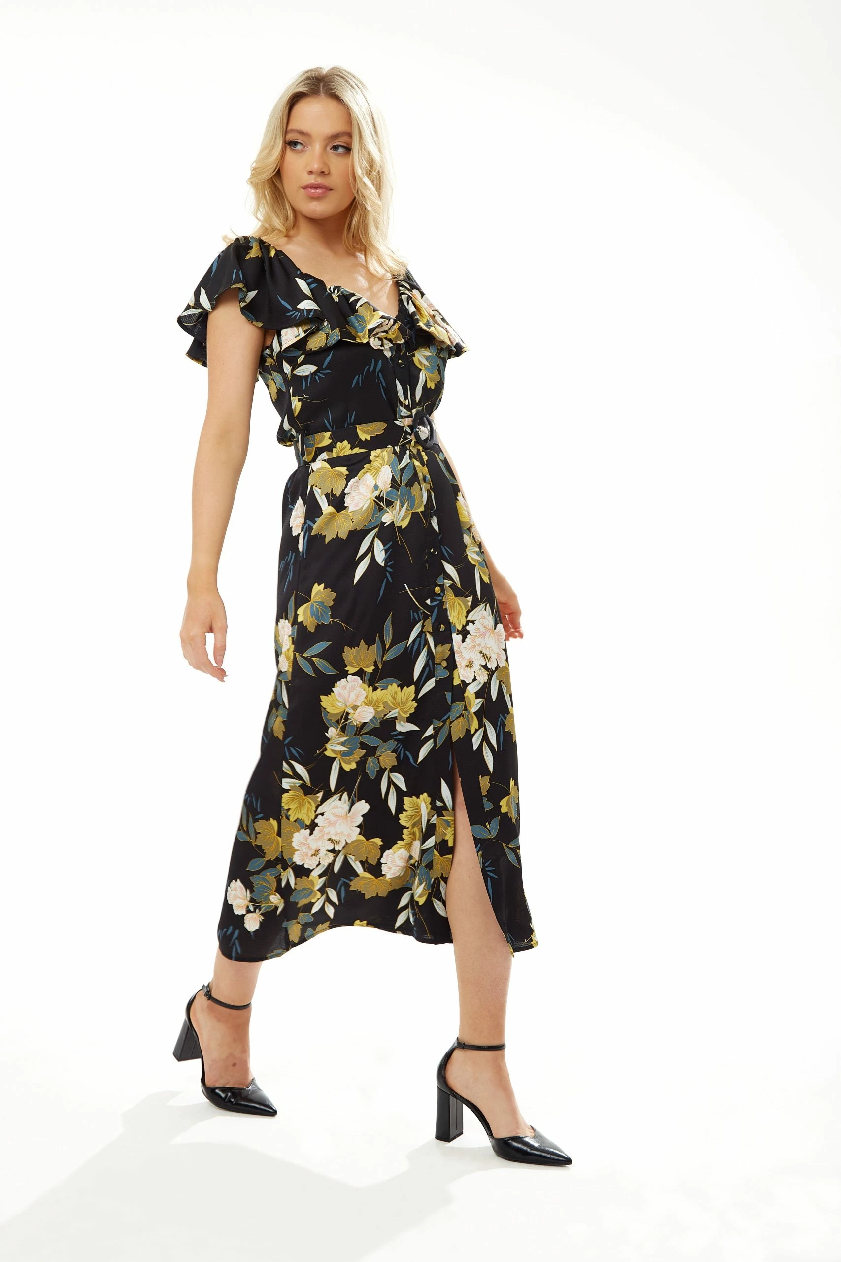 Liquorish Belted Midi Dress with Off Shoulder Sleeves in Navy Floral Print - Multicolour 5 Liquorish Belted Midi Dress with Off Shoulder Sleeves in Navy Floral Print - Multicolour - Image 3