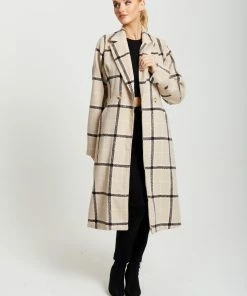 Liquorish Longline Check Coat - Beige