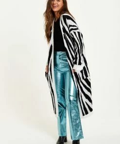 Liquorish Longline Cardigan in Black and White Zebra Pattern - Black/White