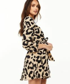 Liquorish Animal Print Mini Wrap Dress with Long sleeves in Cream -Liquorish Sales Store 7e91cd23b1184d03a6a9804c3fbcb0ca