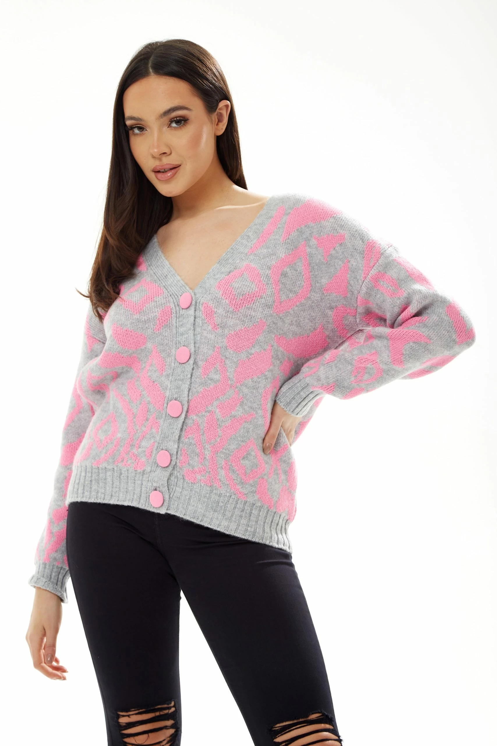 Liquorish Geometric Pattern Cardigan in Pink and Grey 4 Liquorish Geometric Pattern Cardigan in Pink and Grey - Image 2