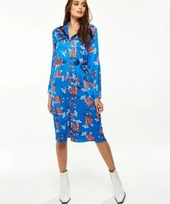 Liquorish Floral Print Shirt Dress in Bright Blue