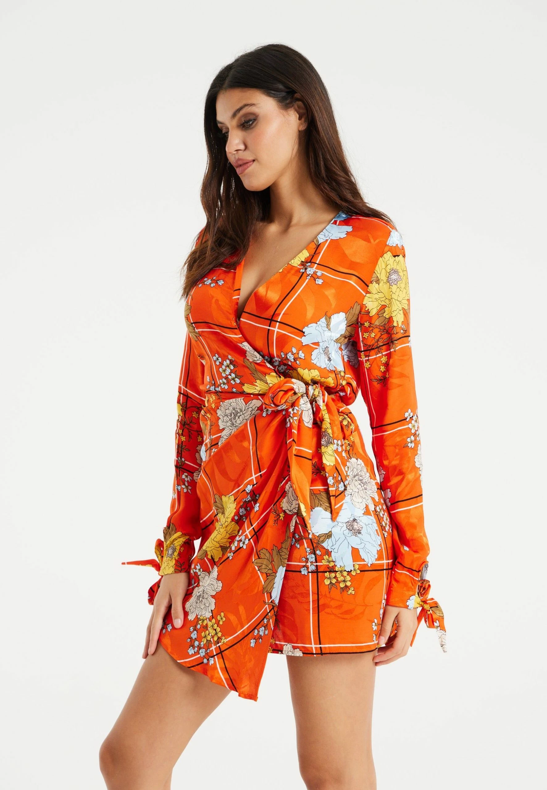 Liquorish Checked Floral Print Mini Wrap Dress - Orange 5 Liquorish Checked Floral Print Mini Wrap Dress - Orange - Image 3