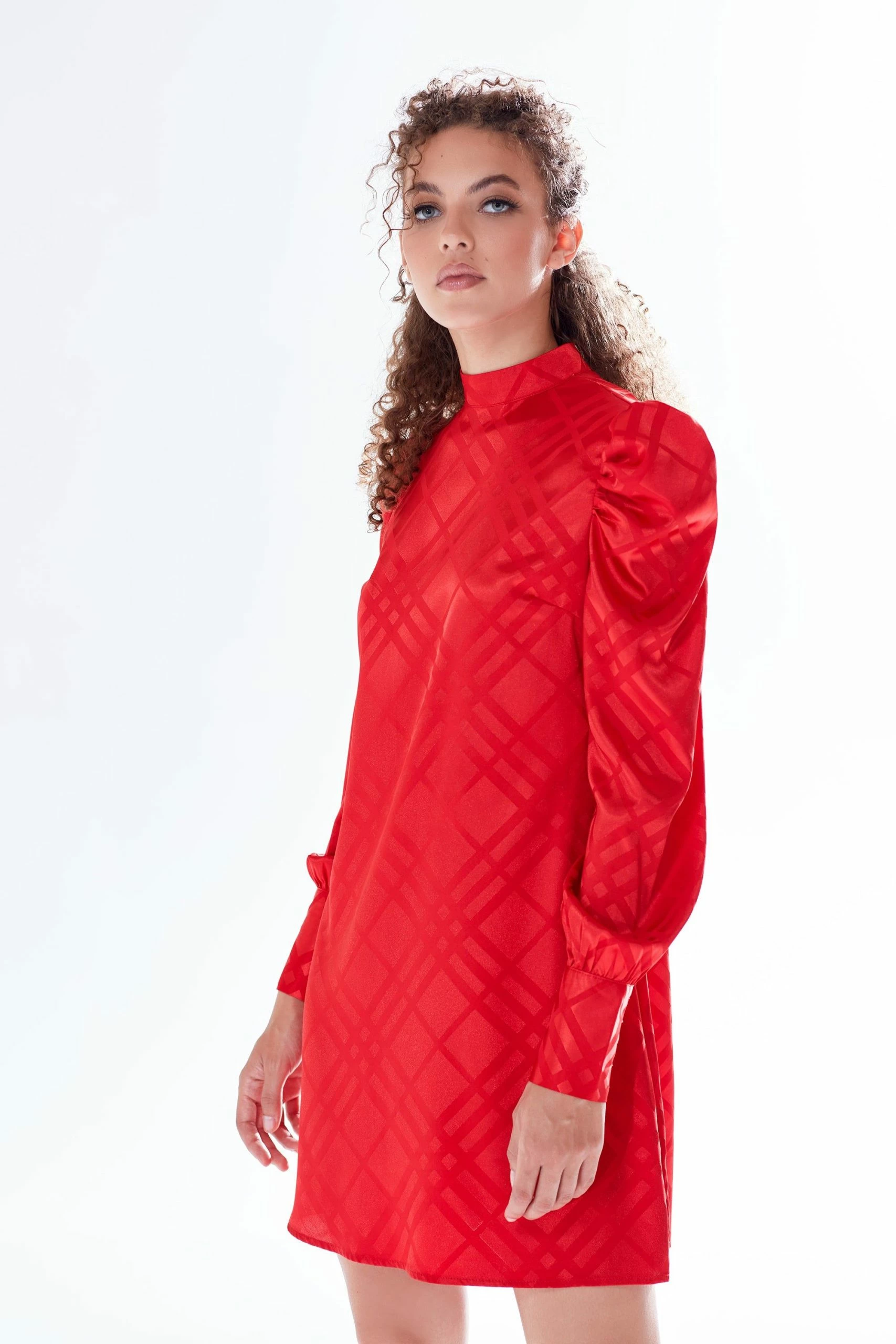 Liquorish check jacquard mini dress with high neck & puff sleeve detail in red 4 Liquorish check jacquard mini dress with high neck & puff sleeve detail in red - Image 2