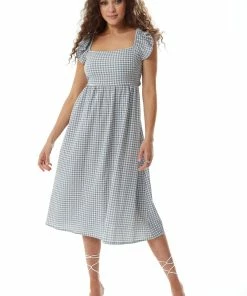 Liquorish Cut out back Midi Dress in Blue and Cream Gingham
