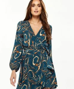 Liquorish Scribble Print Mini Wrap Dress with Long sleeves in Dark Green