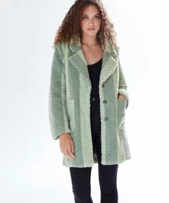 Liquorish textured stripe print teddy coat in green