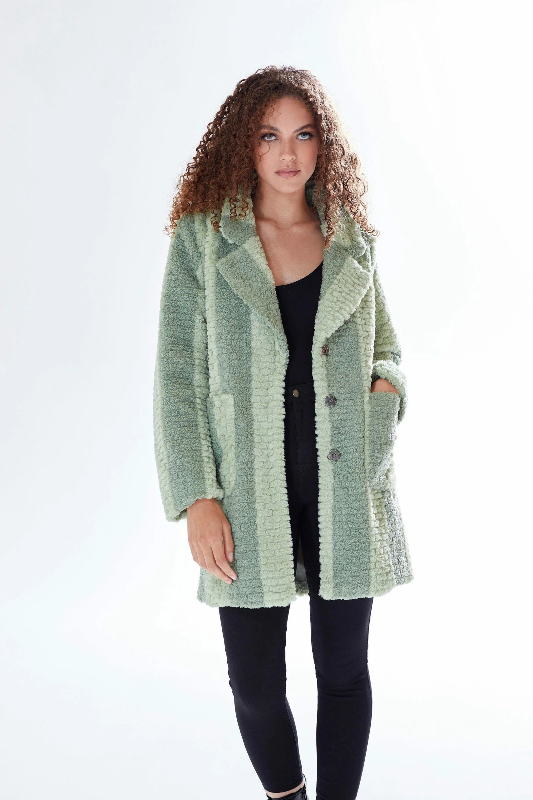 Liquorish textured stripe print teddy coat in green 3 Liquorish textured stripe print teddy coat in green