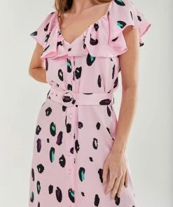 Liquorish Belted Midi Dress with Off Shoulder Sleeves in Light Pink Animal Print -Liquorish Sales Store 82a9491dc57a43469e64115e96ea404a