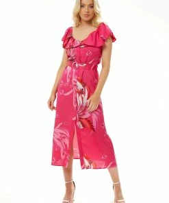 Liquorish Belted Midi Dress with Off Shoulder Sleeves in Fucshia Bird Print - Fuschia